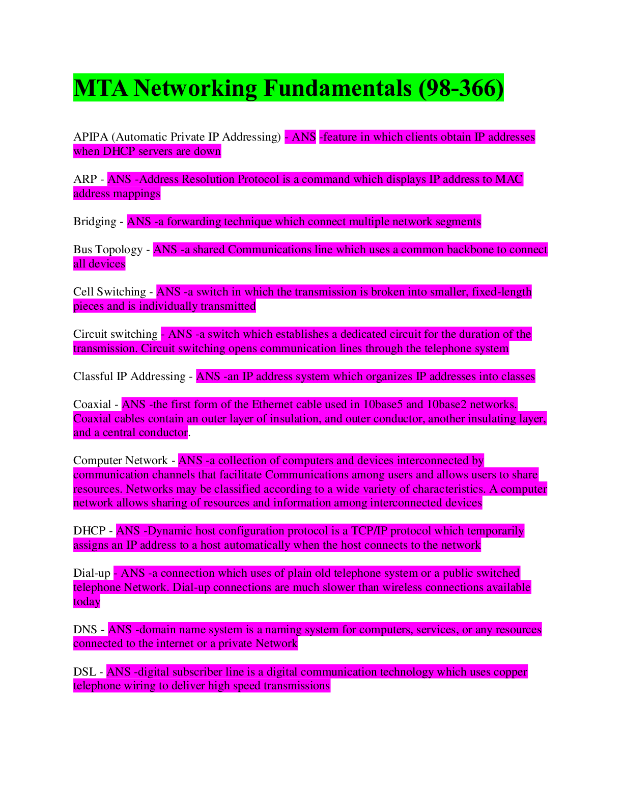 MTA Networking Fundamentals (98366) 2022 100 VERIFIED ANSWERS